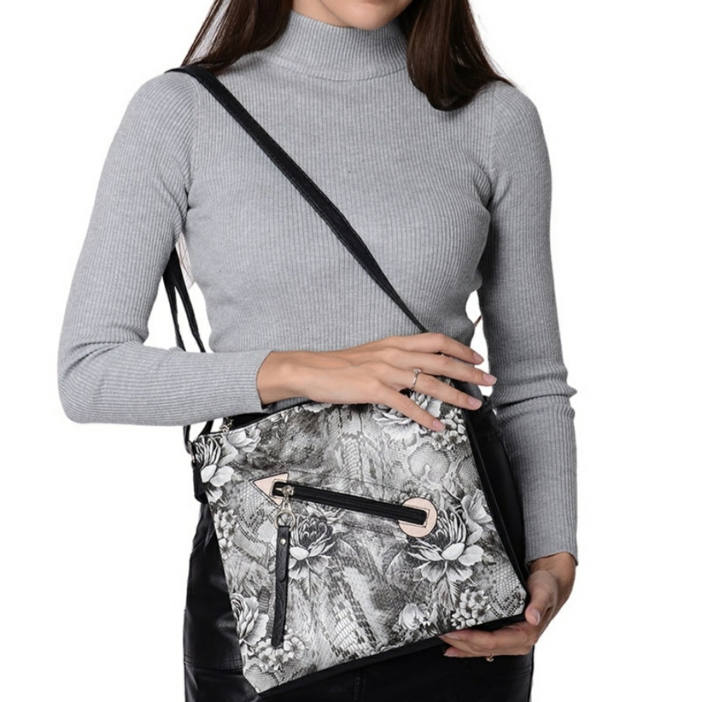 Black Floral File Faux Leather Crossbody